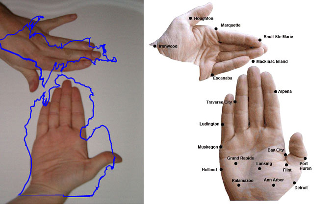 A picture of the map of Michigan superimposed on a hand